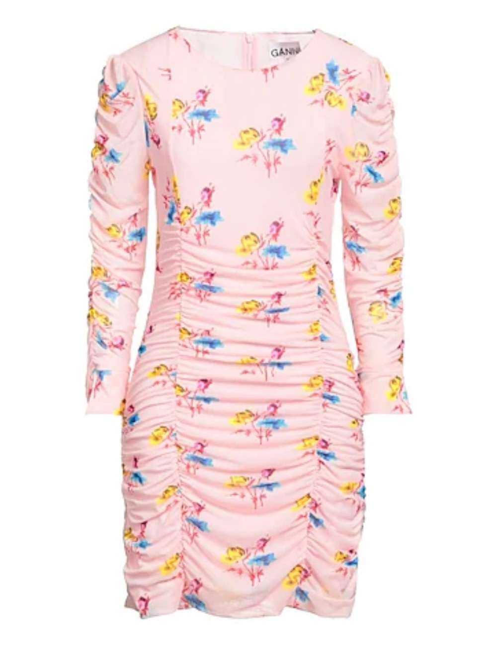 GANNI Printed Mesh Gathered Panel Mini Dress